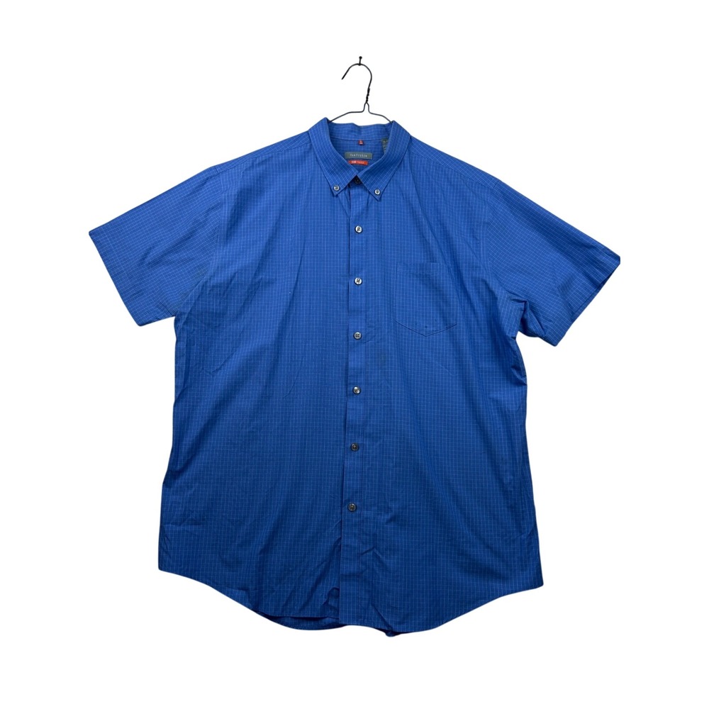 Van Heusen Traveler Men's Shirt XL Blue Grid Short Sleeve Button Up Business